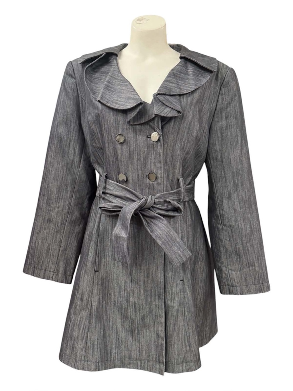 Laura Gray Ruffle-Collar Trench Coat with Self-Tie Belt Size L